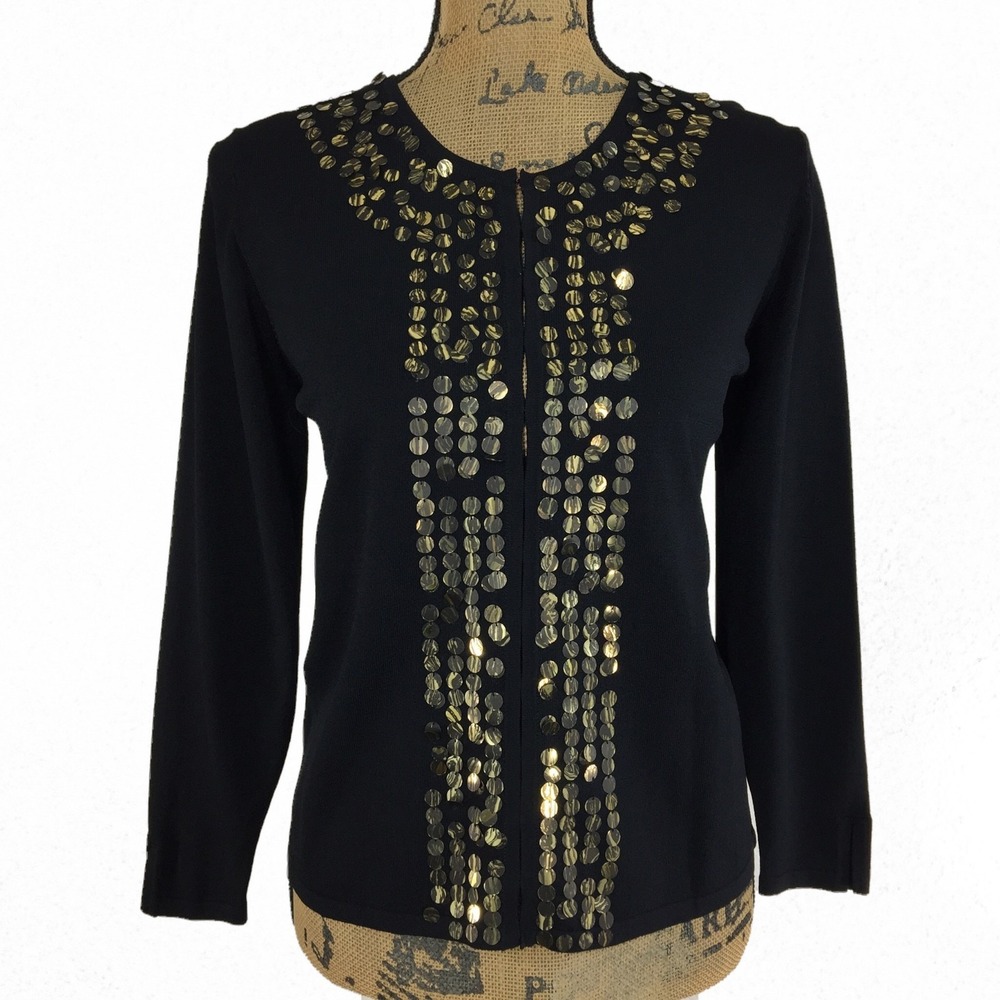 DEBRA DEROO Cardigan SMALL Black Silk Lined Knit Top Gold Sequin‎ Embellished